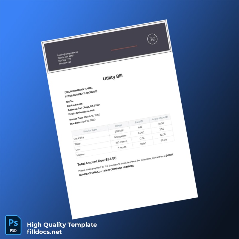 United States YOUR COMPANY NAME Editable Utility Bill Template in Word and PDF formats