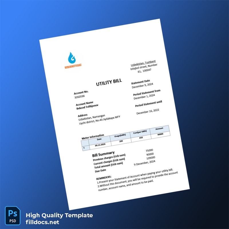 Uzbekistan Uzbekenergo Editable Utility Bill Template in Word and PDF formats