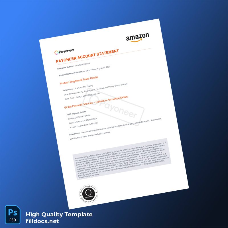 Vietnam Payoneer Account Statement Template in Word and PDF formats