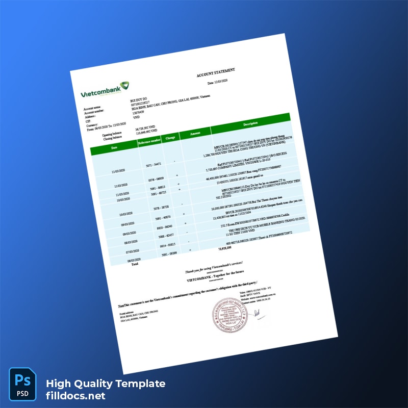 Vietnam Vietcombank Account Statement Template in Word and PDF formats