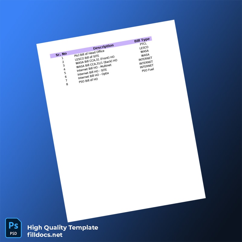 WASA LESCO Multinet Optix PSO Editable Utility Bill Template in Word and PDF formats