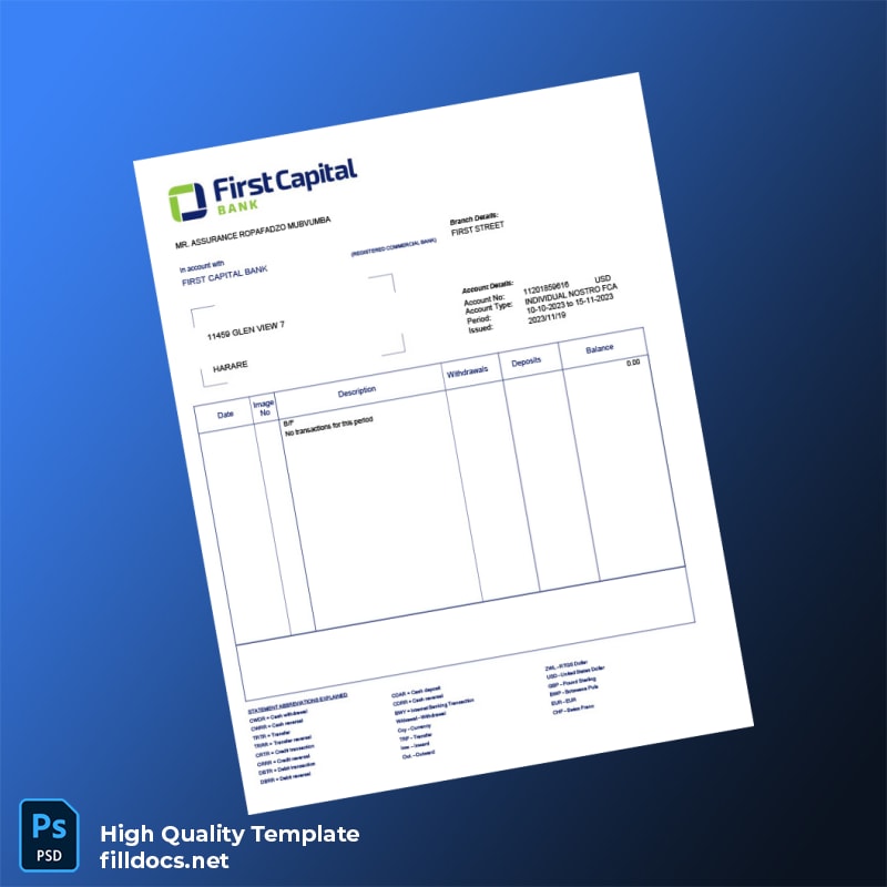 Zimbabwe First Capital Bank Bank Statement Template in Word and PDF formats