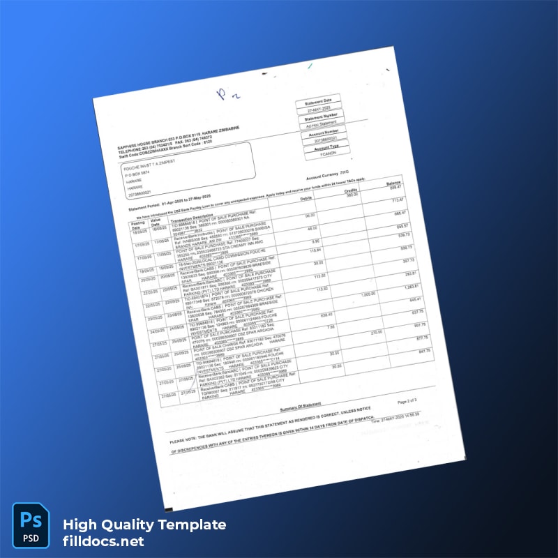 Zimbabwe Zimpest Stambed Bank Statement Template in Word and PDF formats page 3