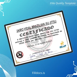 Fillable Brazil Brazil Jairo Vidal Brazilian Jiu-Jitsu Black Belt Certificate Template Preview - FillDocs