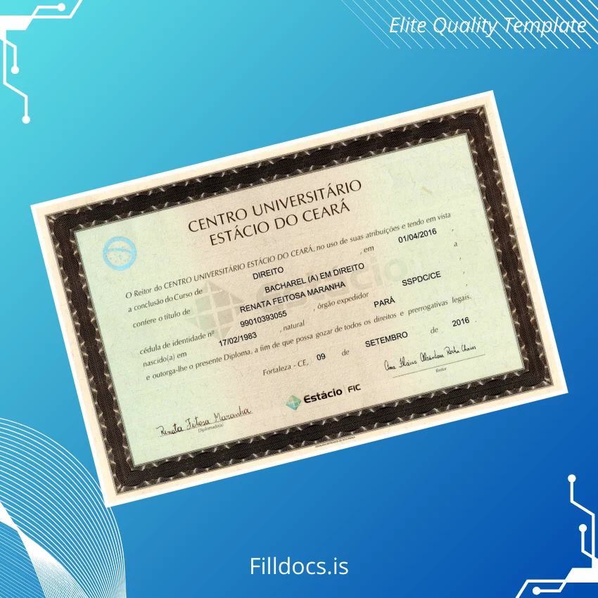 Fillable Brazil Centro Universitário Estácio do Ceará Bachelor of Law Degree Certificate Template Preview - FillDocs