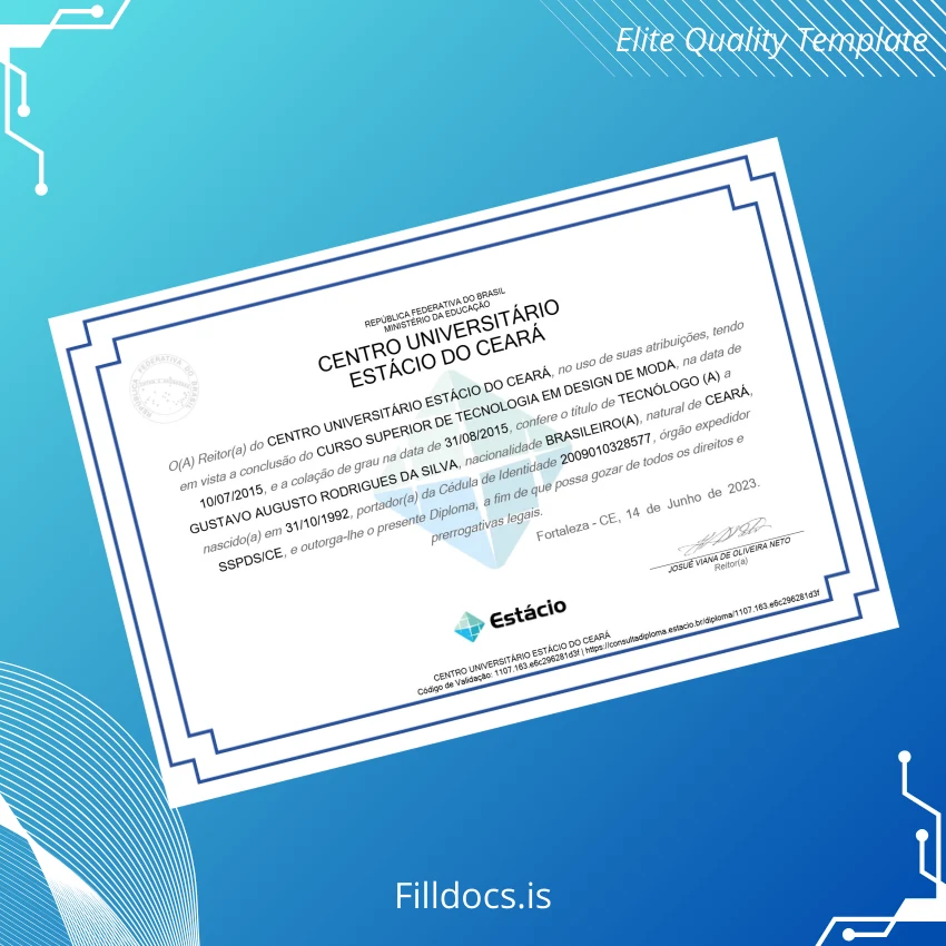 Fillable Brazil Centro Universitário Estácio do Ceará Technologist in Fashion Design Diploma Template Preview - FillDocs
