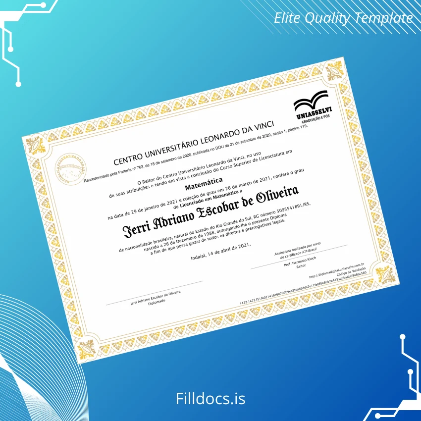 Fillable Brazil Centro Universitário Leonardo da Vinci Bachelor of Arts in Mathematics Template Template Preview - FillDocs