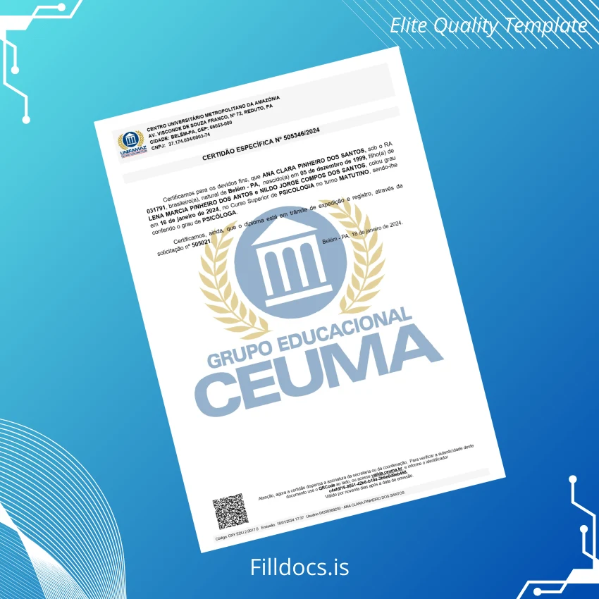 Fillable Brazil Centro Universitário Metropolitano da Amazônia Bachelor of Psychology Template Template Preview - FillDocs