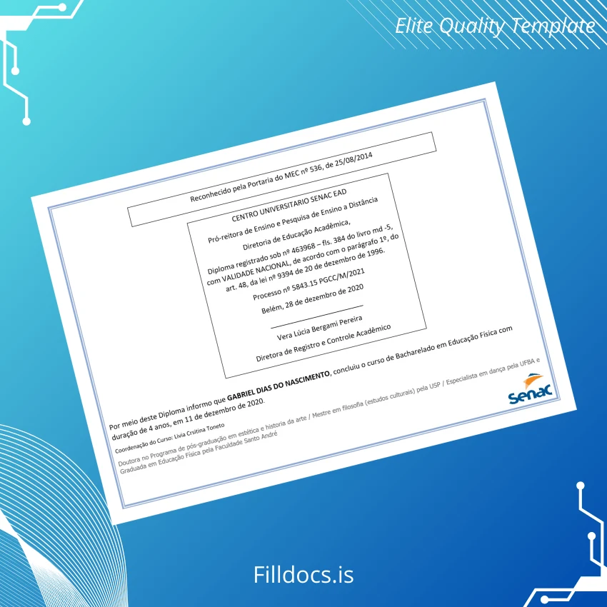 Fillable Brazil Centro Universitário Senac Bachelor of Physical Education Diploma page 2 Page Preview - FillDocs