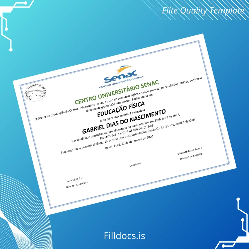 Fillable Brazil Centro Universitário Senac Bachelor of Physical Education Diploma Template Preview - FillDocs