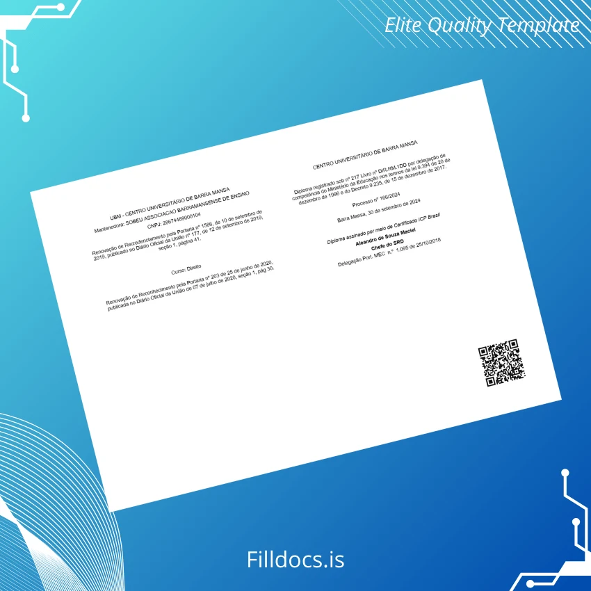 Fillable Brazil Centro Universitário de Barra Mansa Bachelor of Laws Diploma page 2 Page Preview - FillDocs