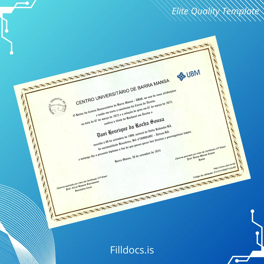 Fillable Brazil Centro Universitário de Barra Mansa Bachelor of Laws Diploma Template Preview - FillDocs