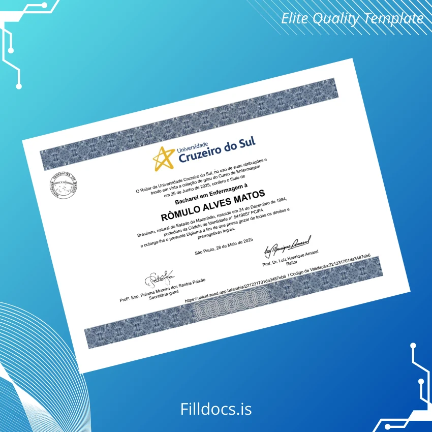 Fillable Brazil Cruzeiro do Sul University Bachelor of Nursing Diploma Template Preview - FillDocs