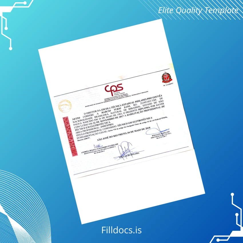 Fillable Brazil Escola Técnica Estadual Philadelpho Gouveia Netto Technical Diploma in Electrotechnics Template Template Preview - FillDocs