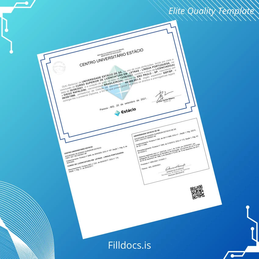 Fillable Brazil Estácio University Bachelor of Arts in Portuguese Language Teaching Diploma Template Preview - FillDocs