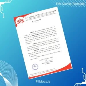 Fillable Brazil FADIVA University Diploma in Law Certificate Template Preview - FillDocs