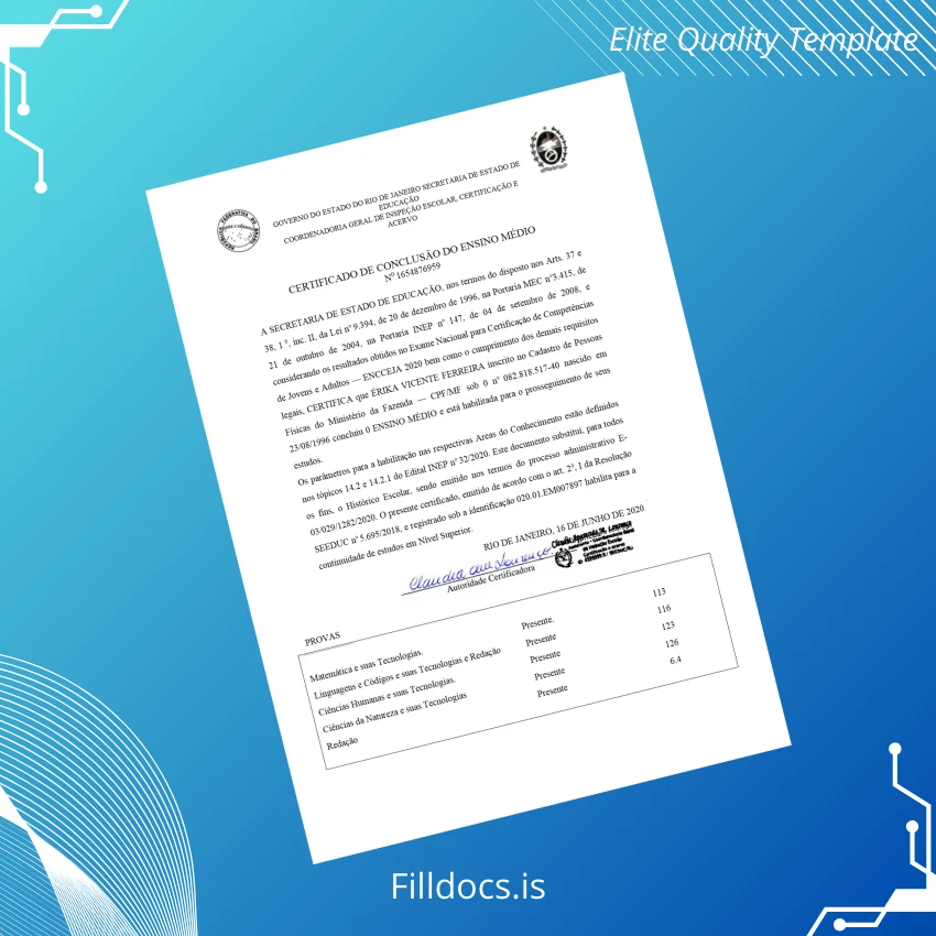Fillable Brazil Government of Rio de Janeiro High School Diploma Template Template Preview - FillDocs