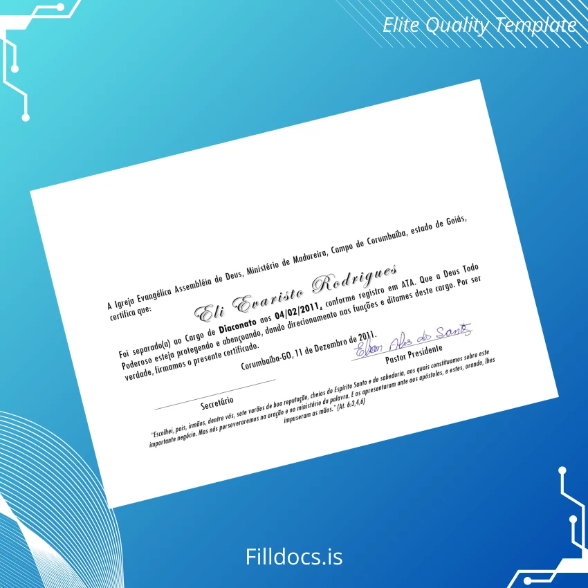 Fillable Brazil Igreja Evangélica Assembléia de Deus Diaconate Diploma Template Template Preview - FillDocs