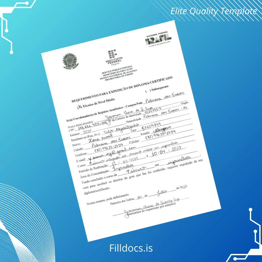 Fillable Brazil Instituto Federal de Alagoas High School Diploma Template Template Preview - FillDocs