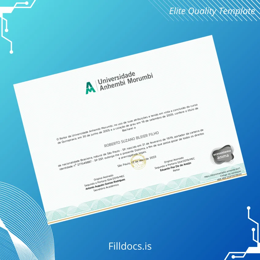 Fillable Brazil Universidade Anhembi Morumbi Bachelor of Chiropractic Degree Template Template Preview - FillDocs