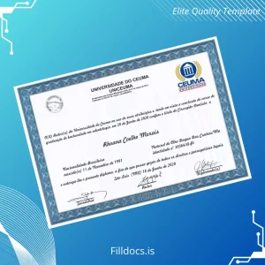 Fillable Brazil Universidade do Ceuma Bachelor of Dentistry Diploma Template Preview - FillDocs