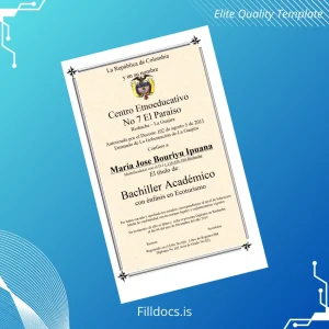 Fillable Colombia Centro Etnoeducativo No 7 El Paraiso High School Diploma with Emphasis in Ecotourism Template Preview - FillDocs