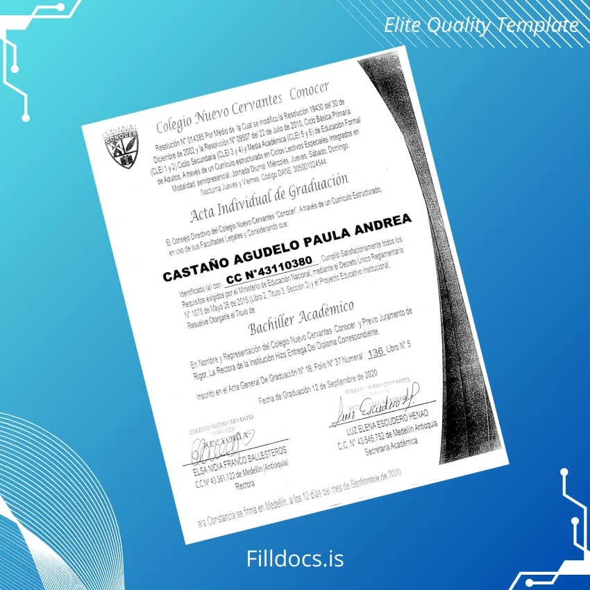 Fillable Colombia Colegio Nuevo Cervantes High School Diploma Template Preview - FillDocs