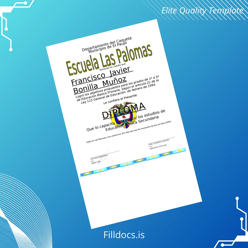Fillable Colombia Escuela Las Palomas Primary Education Diploma page 2 Page Preview - FillDocs