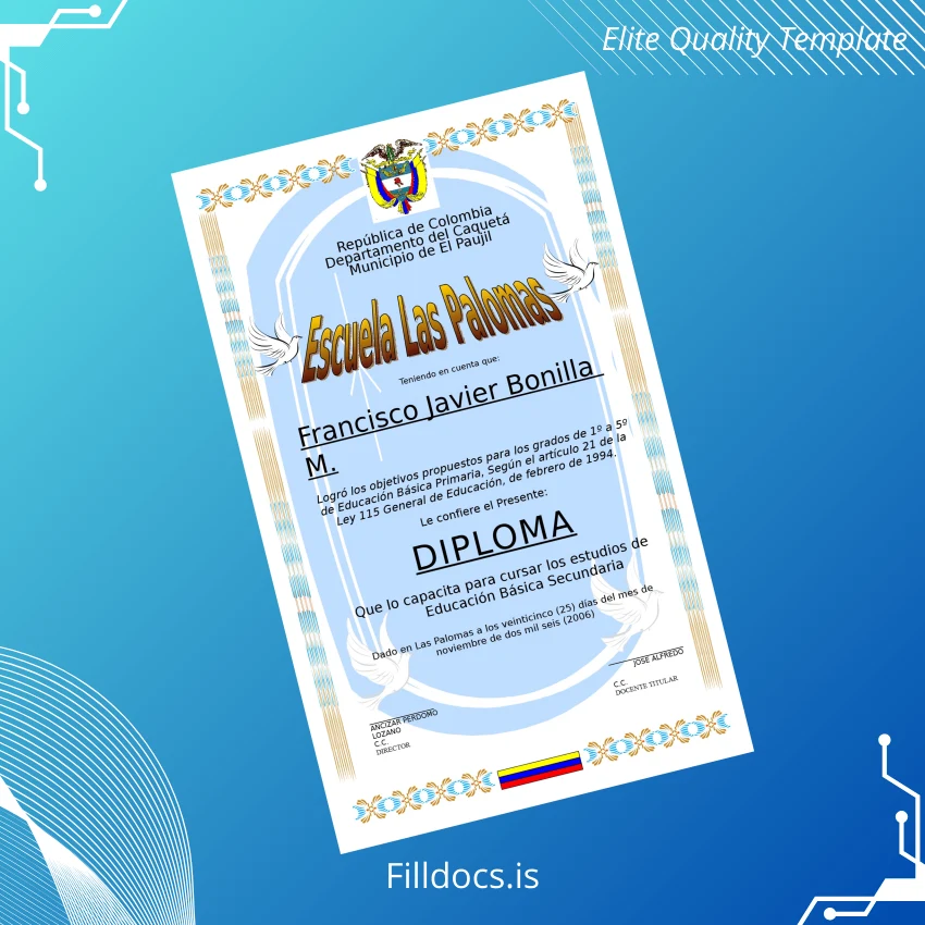 Fillable Colombia Escuela Las Palomas Primary Education Diploma page 3 Page Preview - FillDocs