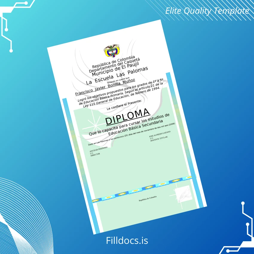 Fillable Colombia Escuela Las Palomas Primary Education Diploma Template Preview - FillDocs
