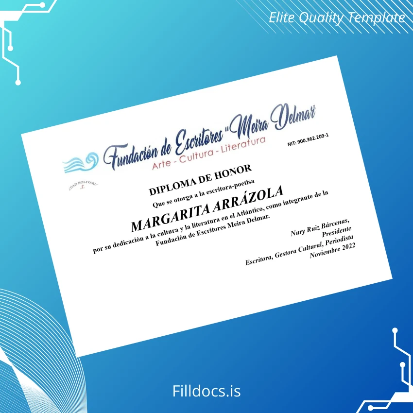 Fillable Colombia Fundación de Escritores Meira Delmar Honorary Diploma Template Preview - FillDocs
