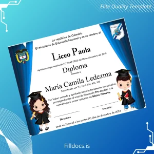 Fillable Colombia Liceo Paola Pre-school Diploma Template Preview - FillDocs