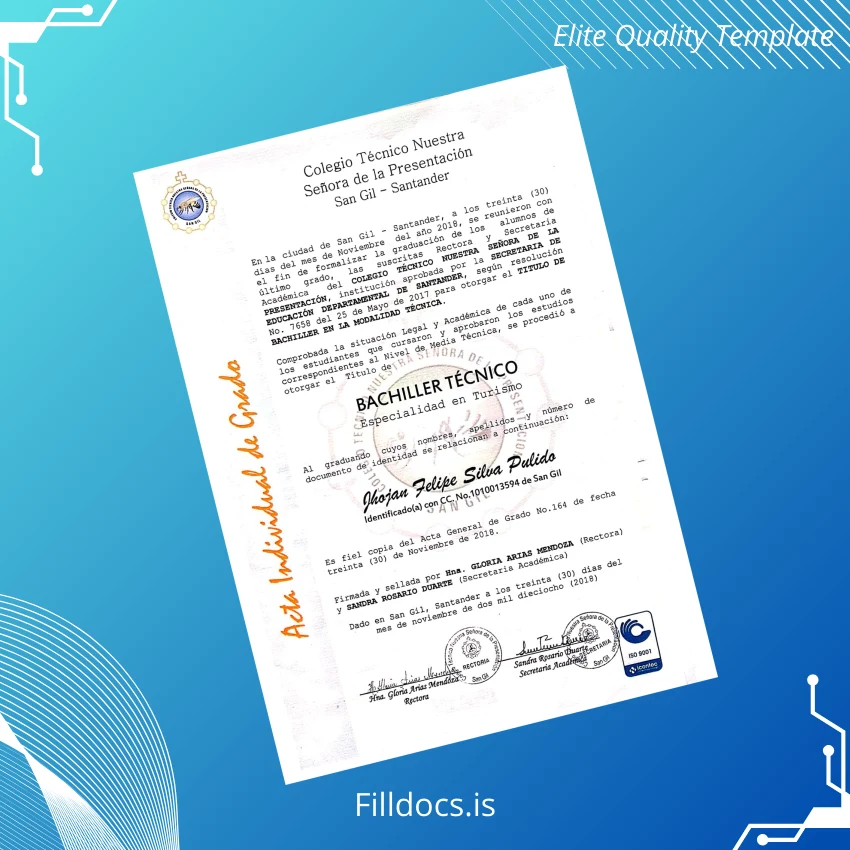 Fillable Colombia Nuestra Señora de la Presentación Technical School Technical High School Diploma page 2 Page Preview - FillDocs