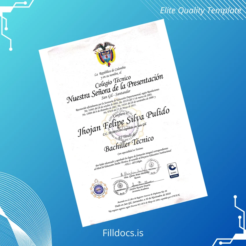 Fillable Colombia Nuestra Señora de la Presentación Technical School Technical High School Diploma Template Preview - FillDocs