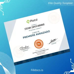 Fillable Colombia Platzi Advanced Premiere Course Certificate Template Preview - FillDocs