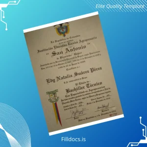 Fillable Colombia San Antonio Technical Educational Institution Technical High School Diploma Template Preview - FillDocs