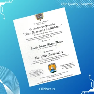 Fillable Colombia San Fernando de Melchor High School Academic Bachelor Diploma Template Preview - FillDocs