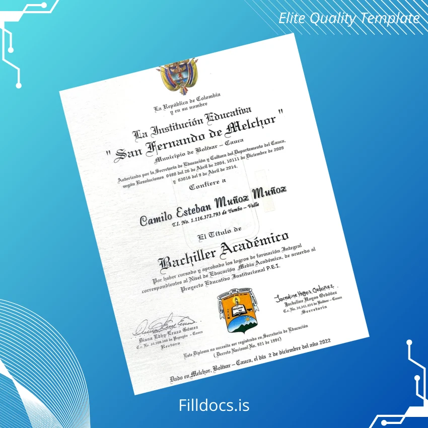 Fillable Colombia San Fernando de Melchor High School Academic Bachelor Diploma Template Preview - FillDocs