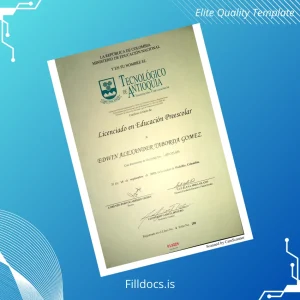 Fillable Colombia Tecnológico de Antioquia Licentiate in Preschool Education Diploma Template Preview - FillDocs