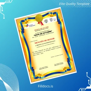 Fillable Ecuador Escuela Fiscal _Doce de Octubre_ Honor Mention Certificate Template Preview - FillDocs