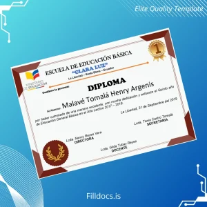 Fillable Ecuador Escuela de Educación Básica Clara Luz High School Diploma Template Preview - FillDocs