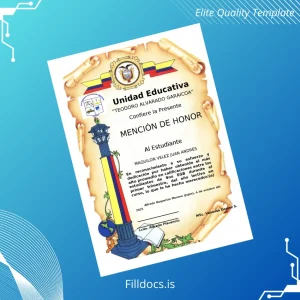 Fillable Ecuador Teodoro Alvarado Garaicoa School Honor Mention Certificate Template Preview - FillDocs