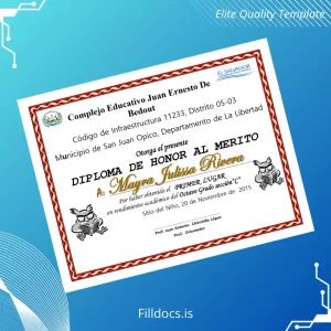 Fillable El Salvador Complejo Educativo Juan Ernesto de Bedout Honor Diploma Template Template Preview - FillDocs