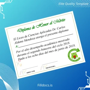 Fillable El Salvador Liceo de Ciencias Aplicadas Dr. Carlos Aldana Mendoza Honor Diploma Template Preview - FillDocs
