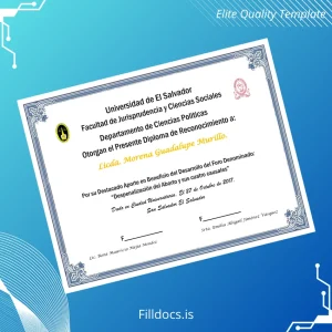 Fillable El Salvador Universidad de El Salvador Diploma of Recognition Template Preview - FillDocs