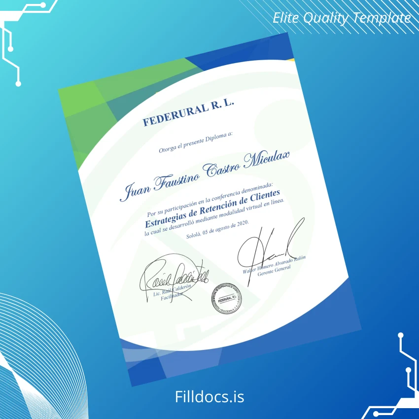 Fillable Guatemala FEDERURAL R. L. Diploma in Customer Retention Certificate Template Preview - FillDocs