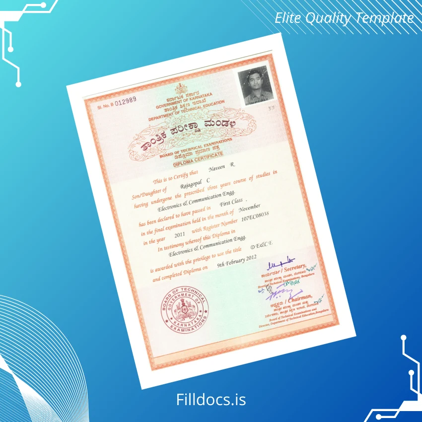 Fillable India Board of Technical Examinations Diploma Certificate in Electronics and Communication Engg Template Template Preview - FillDocs