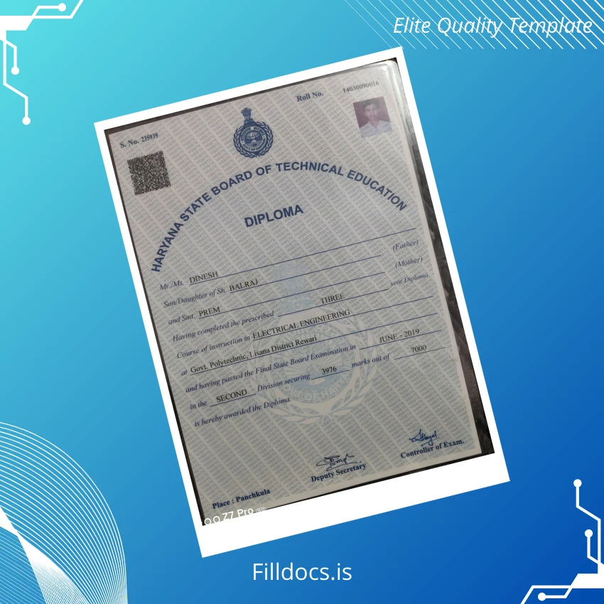 Fillable India Haryana State Board of Technical Education Diploma in Electrical Engineering Template Template Preview - FillDocs
