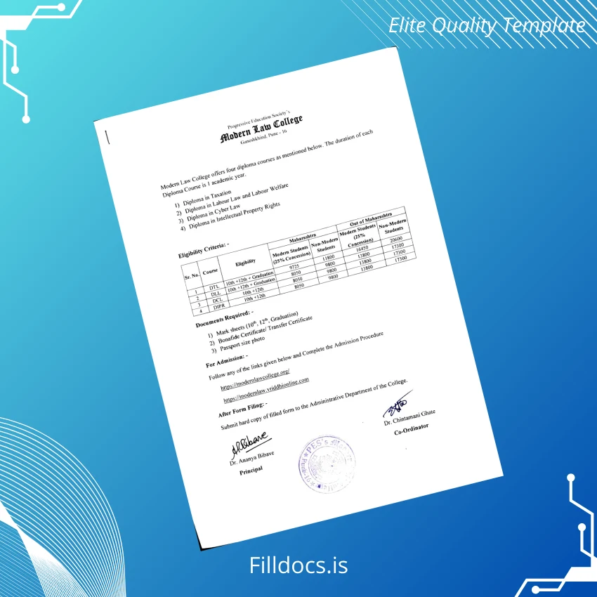 Fillable India Modern Law College Diploma Certificate Template Template Preview - FillDocs