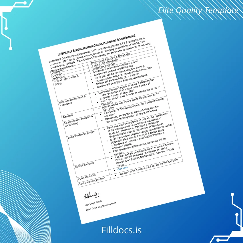Fillable India SNTI Evening Diploma in Mechanical Electrical and Metallurgy Engineering Certificate Template Preview - FillDocs